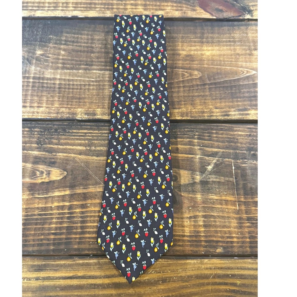 Gitman Bros Silk Tie Black Fruit and Flowers Floral Print Made in USA